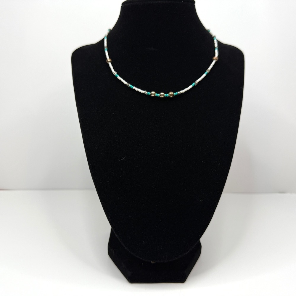 ALDO Beaded Necklace White Turquoise Brown Gold Tone Accent Beads Jewelry